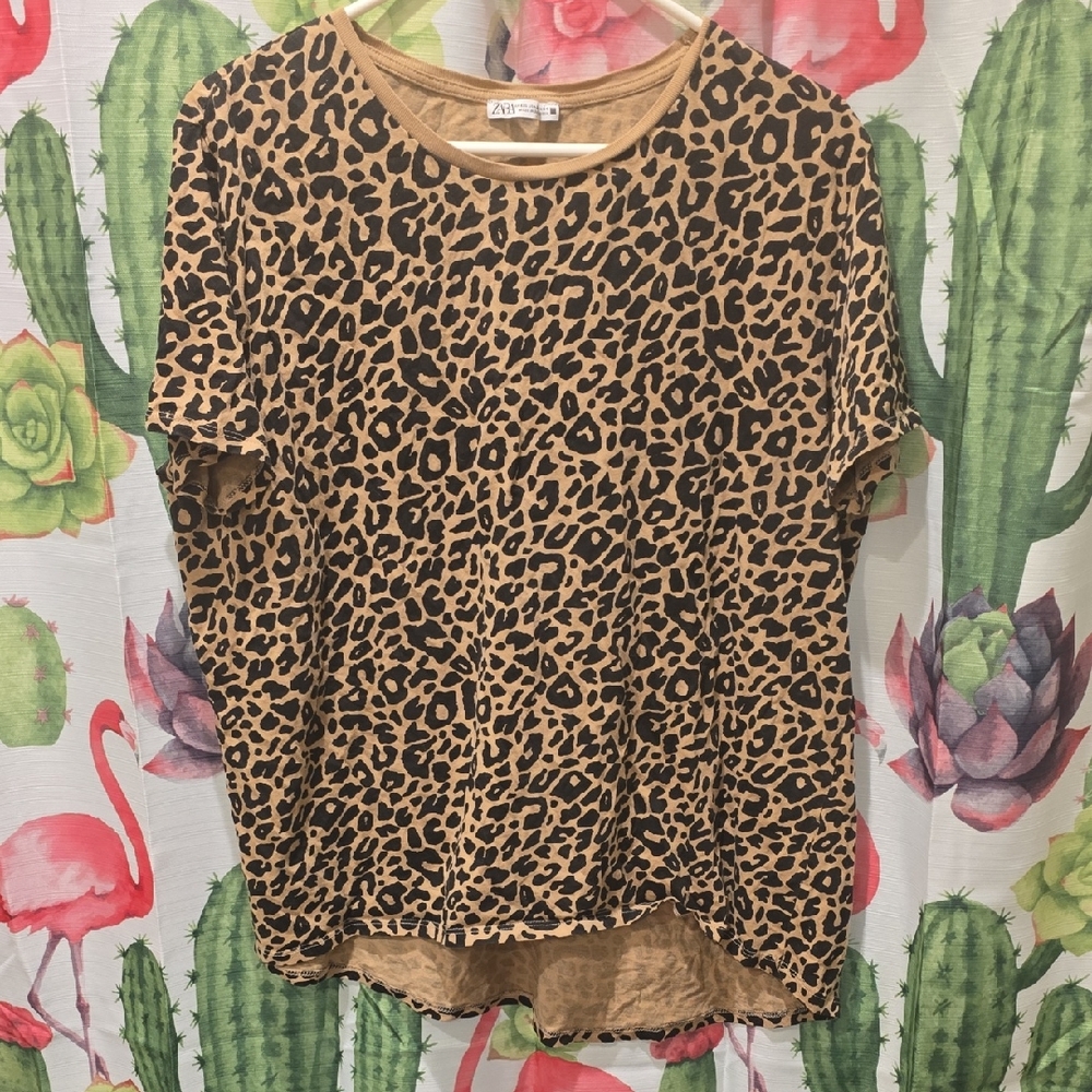 Zara Leopard Print Short Sleeve Tee - Tan and Black